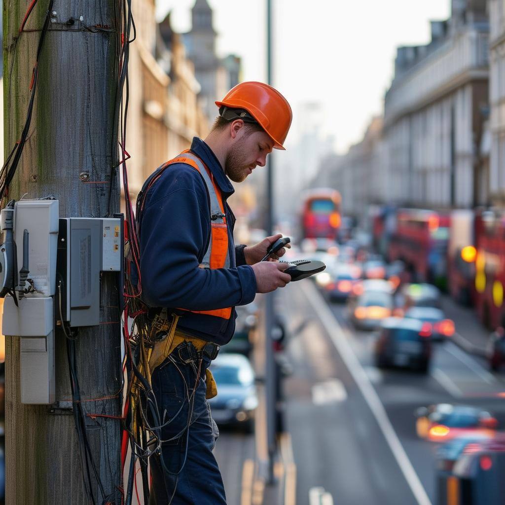 A telephone engineer in London working on a telephone pole, surrounded by busy city streets and buildings