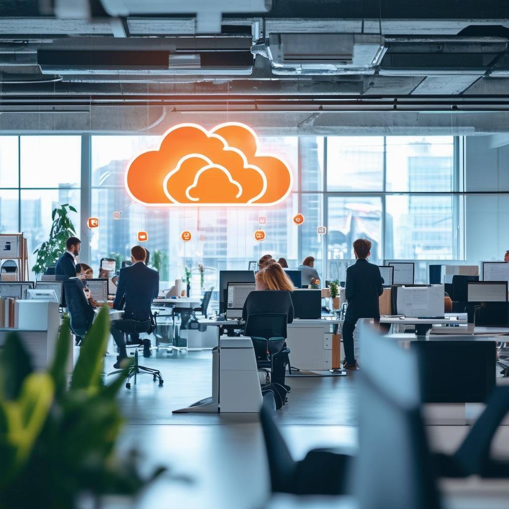 An image of a modern office with employees using cloud phone systems to communicate