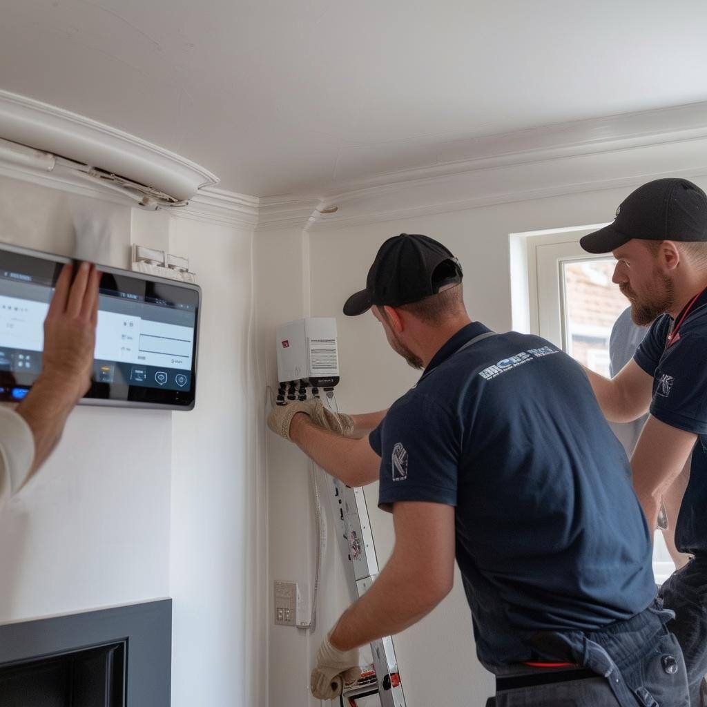 An image of a professional alarm system being installed in a home in London, with a team of technicians setting up the stateoftheart system for added-1