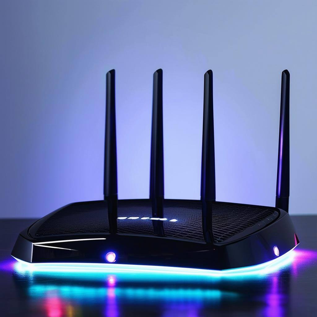 An image of a sleek, modern WiFi router with glowing lights and multiple antennas